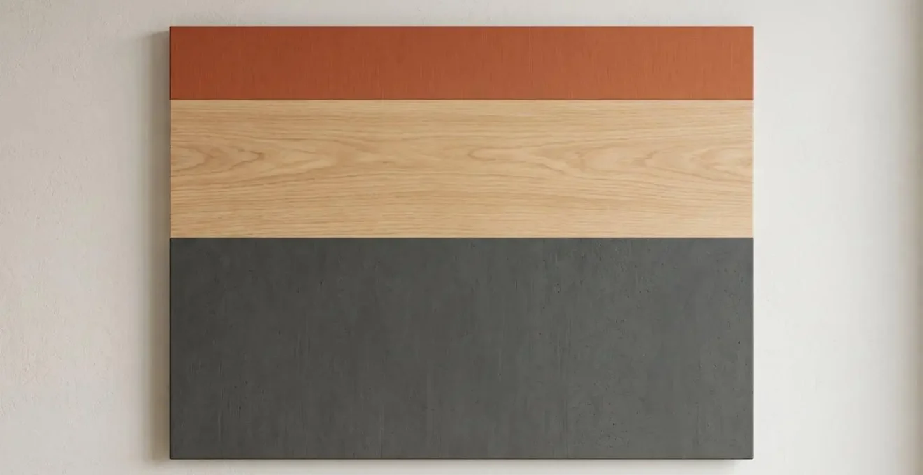 Composition abstraite en trois bandes chromatiques horizontales : gris anthracite dominant, bois naturel secondaire et terracotta accent, illustrant l'harmonie des couleurs