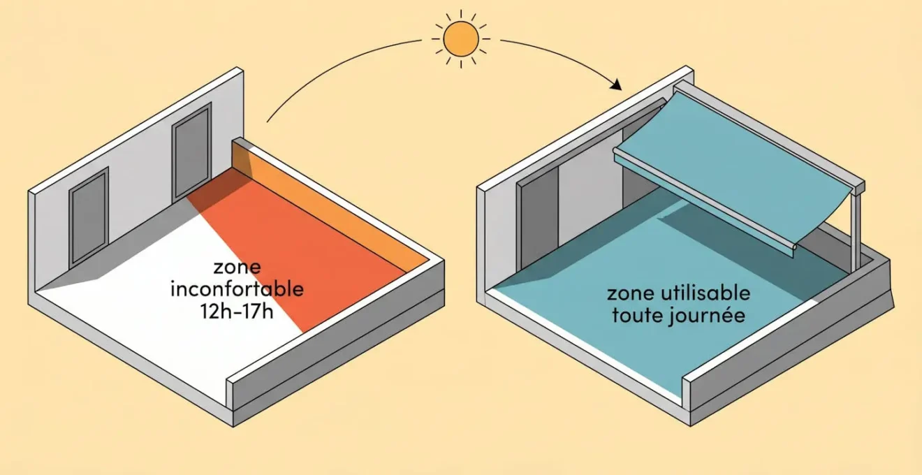 Diagramme isométrique comparant deux terrasses : sans protection (large zone inconfortable) et avec store banne (zone confortable étendue toute la journée)