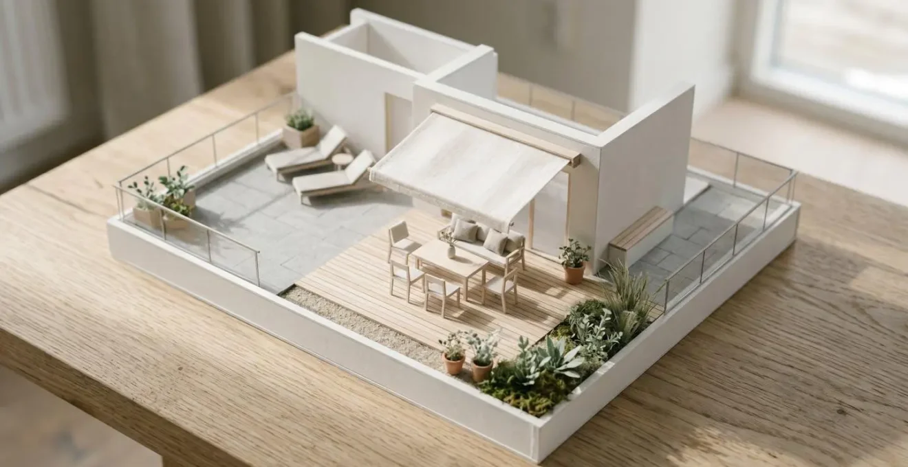 Maquette architecturale miniature d'une terrasse aménagée avec zones fonctionnelles distinctes, revêtements variés, store déployé et végétaux, éclairage naturel doux