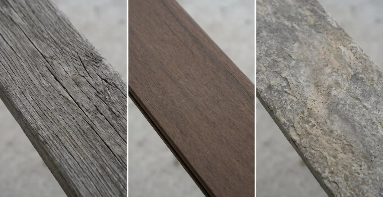Triptyque comparatif montrant le vieillissement de trois matériaux de terrasse : bois naturel grisé, composite stable et pierre naturelle patinée